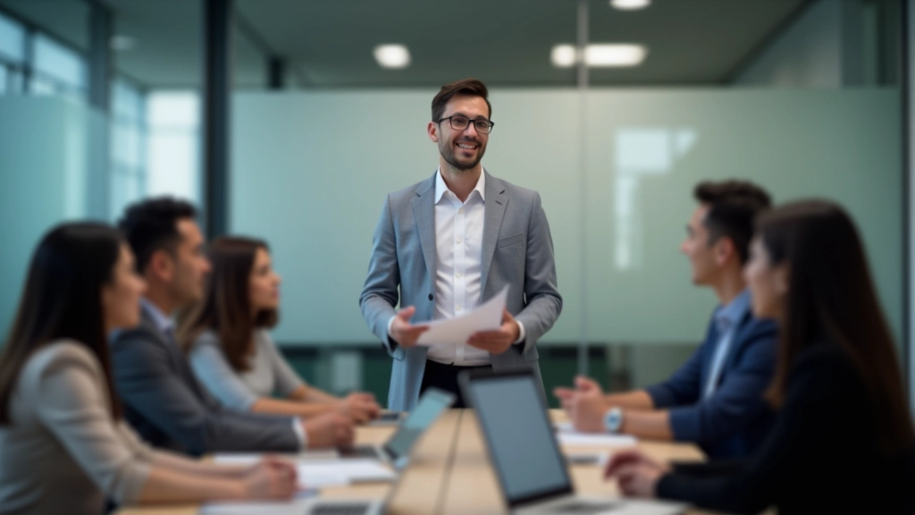 Manager in meeting room discussing workload boundaries with team members around table