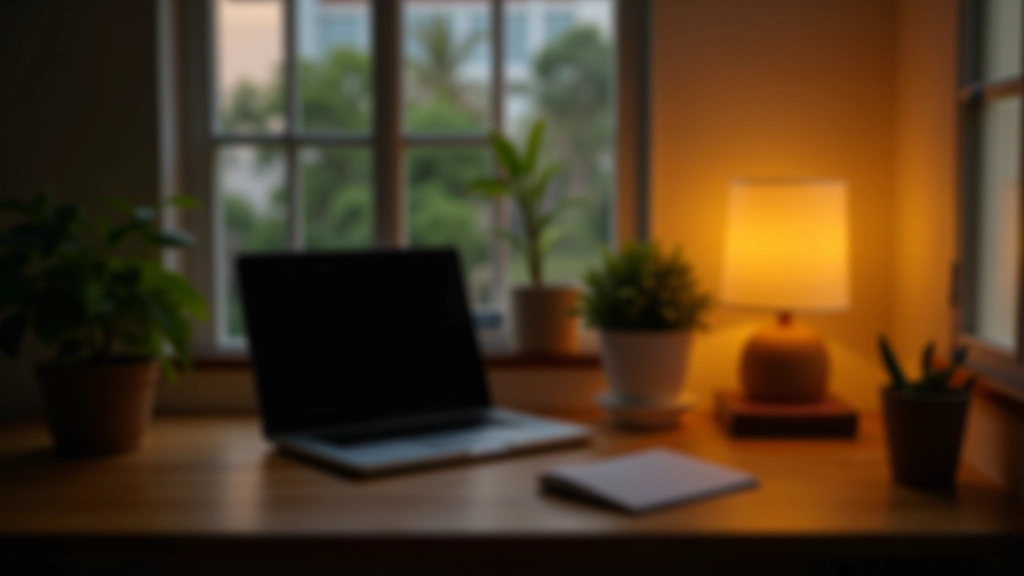 Peaceful evening workspace with device-free environment, minimalist desk setup, warm ambient lighting