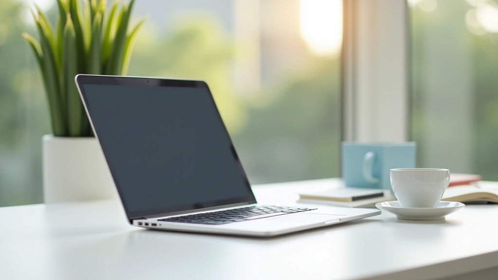 Laptop screen showing project dashboard or progress tracker, coffee cup nearby, clean desk, morning light