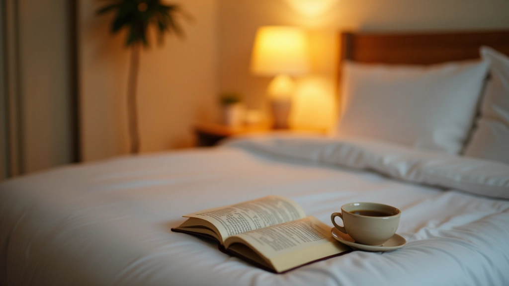 Evening bedroom scene with book and tea on nightstand, peaceful sleep environment with soft lighting