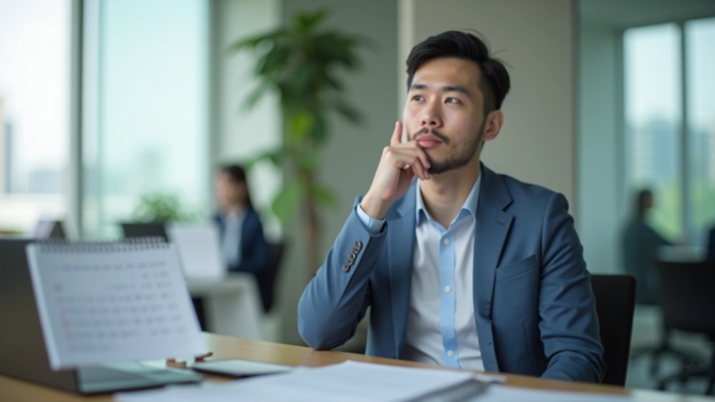 Person at desk looking thoughtful, with calendar and planner visible, warm office lighting, professional attire