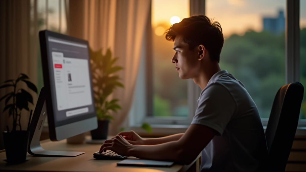 Professional working at desk in warm evening lighting, looking away from screen toward window, contemplative expression