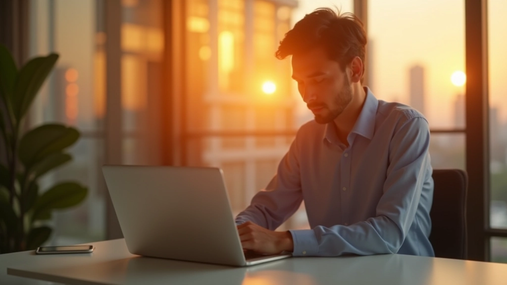 Person sitting at desk with laptop at sunset, looking stressed and overwhelmed, modern office