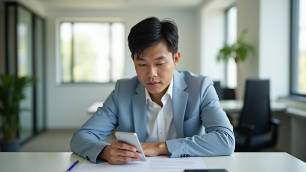 Person setting phone down on desk, focused on work, laptop screen visible, minimalist desk setup, peaceful expression