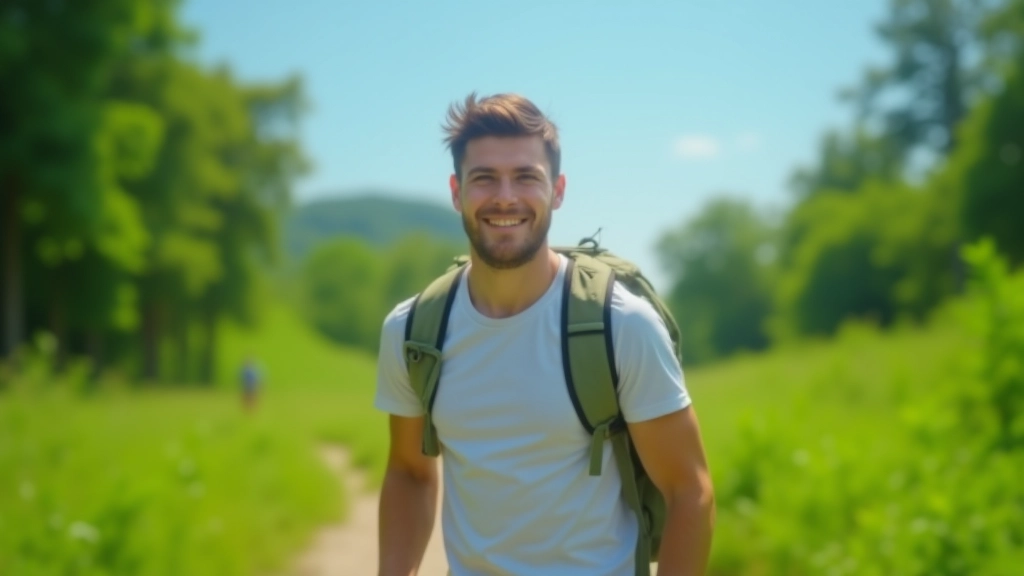 Weekend scene with outdoor activity, person hiking on nature trail with clear blue sky and greenery