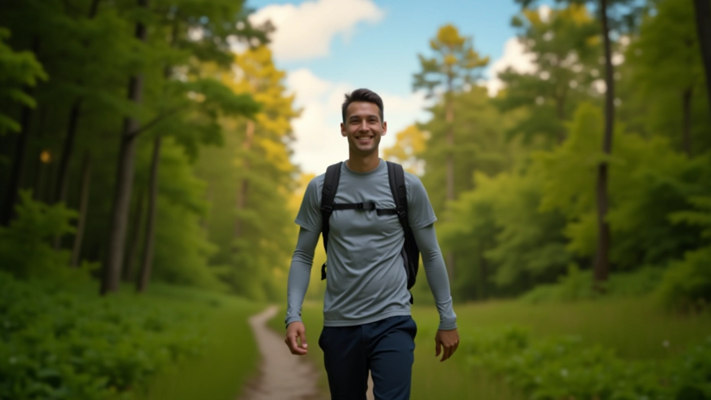 Person hiking on nature trail with greenery and blue sky, outdoor physical recovery activity
