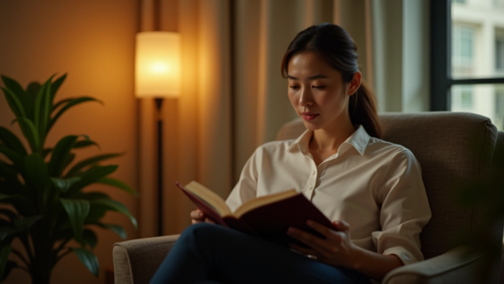 Person reading book in comfortable chair by window with warm lighting and plants in background
