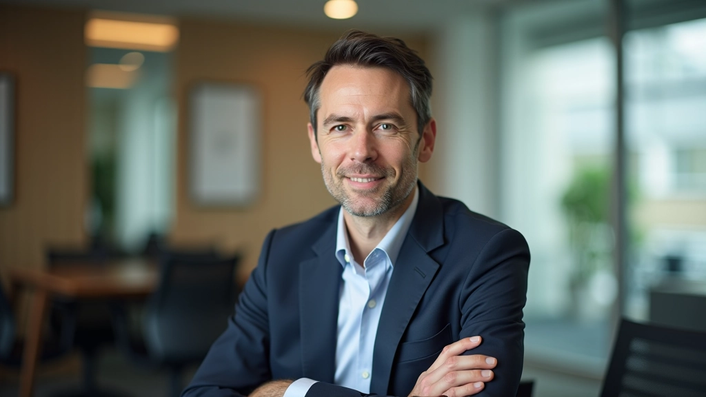 Person looking confident during meeting, composed expression, professional setting with colleagues in background