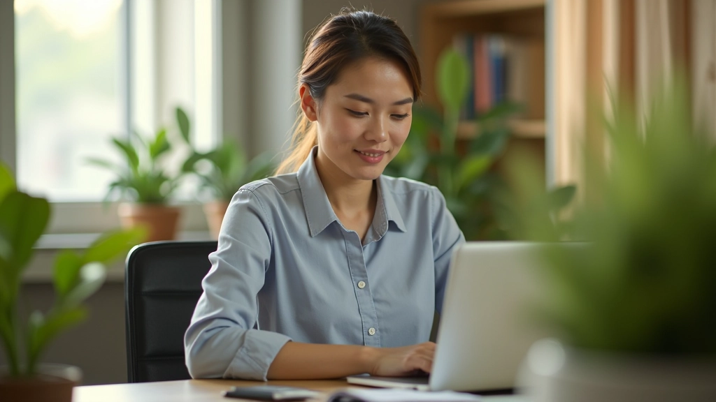 Person working at laptop at home office desk, professional setting with plants and natural light