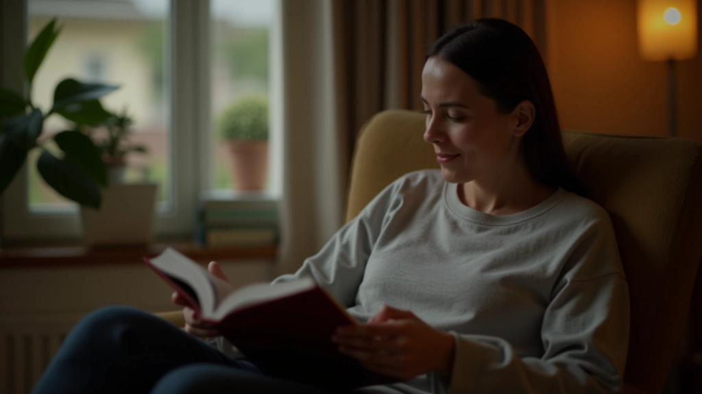 Evening relaxation scene with person reading a book in comfortable chair, warm lighting, peaceful home environment