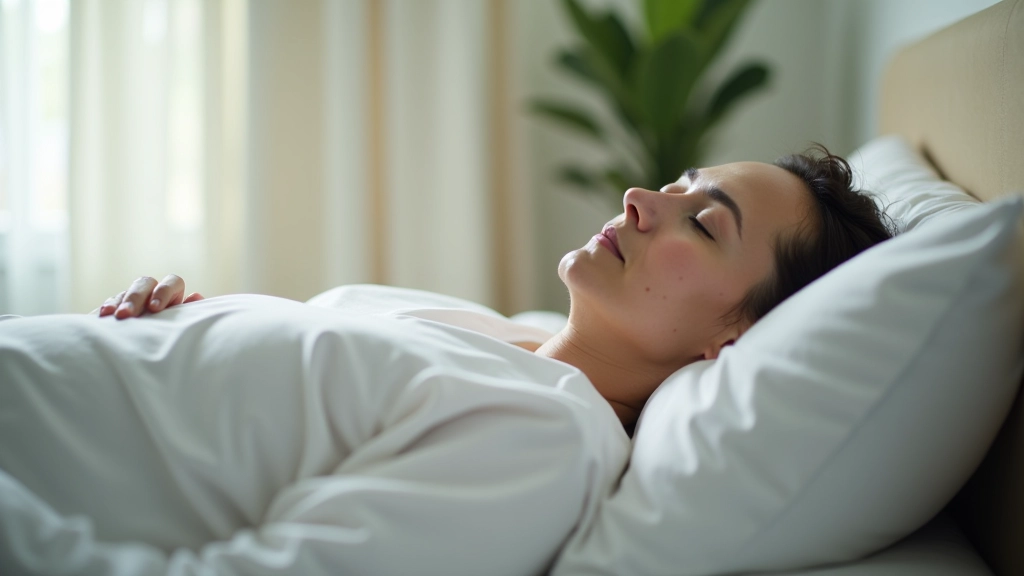 Person sleeping peacefully in bed with morning light, well-rested appearance