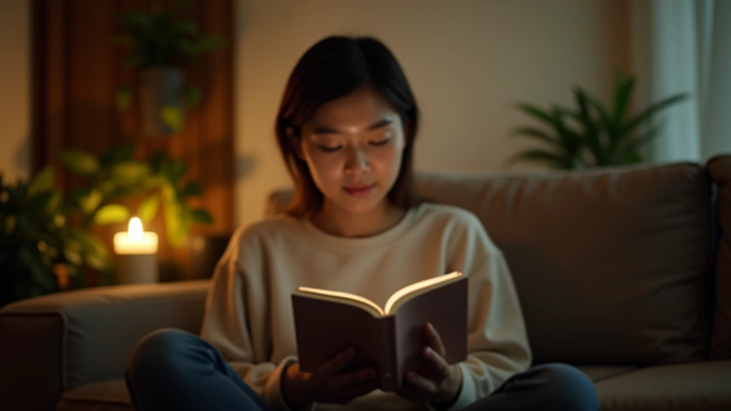 Person relaxing at home in evening without phone, reading or meditating in calm environment