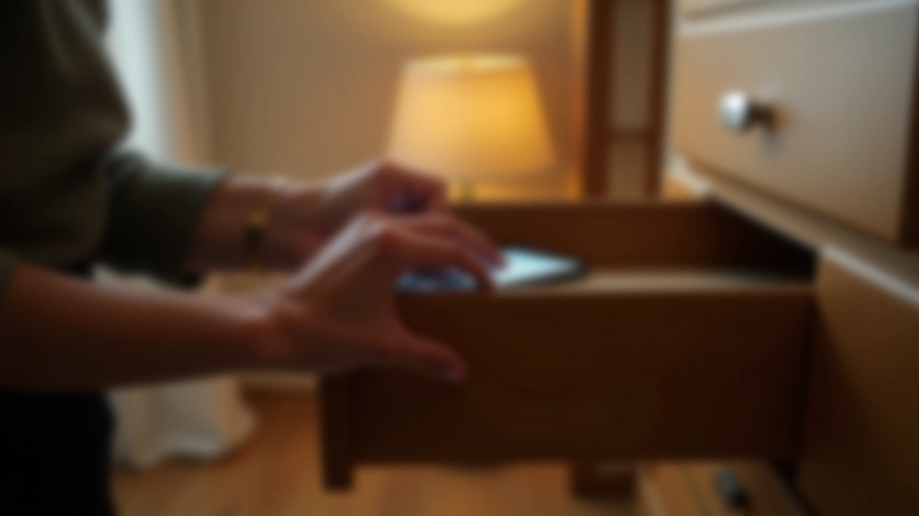 Person putting smartphone in drawer, organized bedroom with calm lighting and minimal clutter