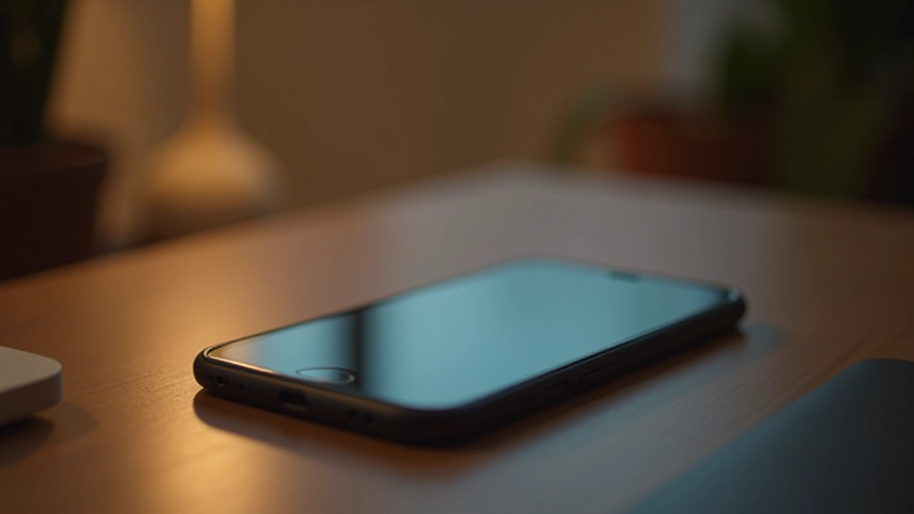 Smartphone on desk showing time, evening setting with warm light, minimal desk setup