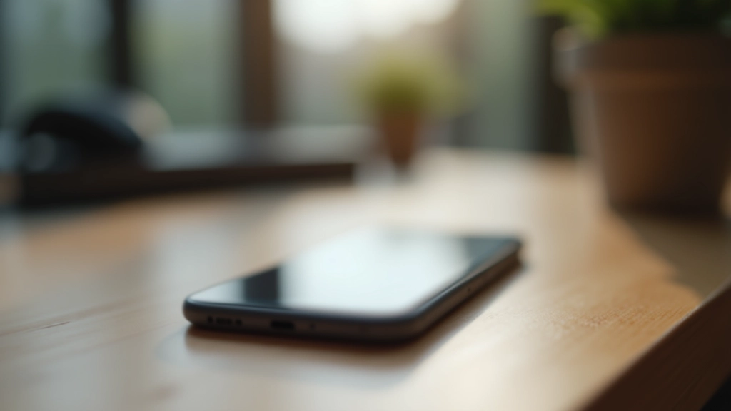 Smartphone face-down on wooden table with do-not-disturb notification visible, evening ambient lighting, clean desk