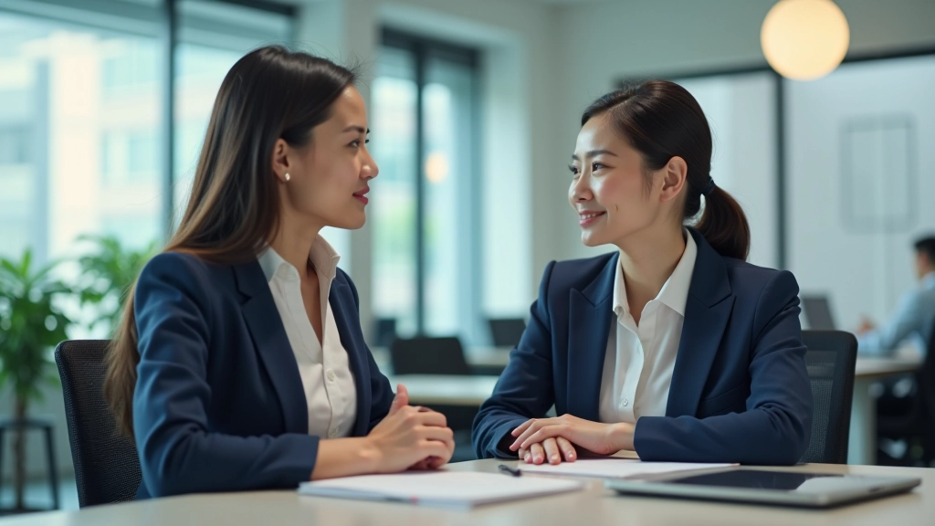 Two professionals having constructive conversation at desk, open body language, notebooks and documents visible, bright office setting