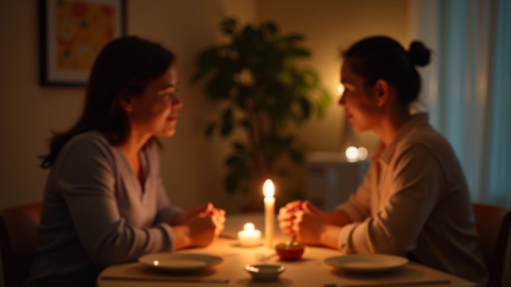 Two people having dinner conversation at table without phones, warm home lighting