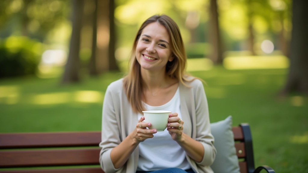 Person relaxing outdoors with coffee, peaceful morning setting with natural light