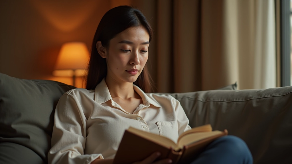 Woman relaxing at home in the evening with a book, peaceful home environment, warm lighting