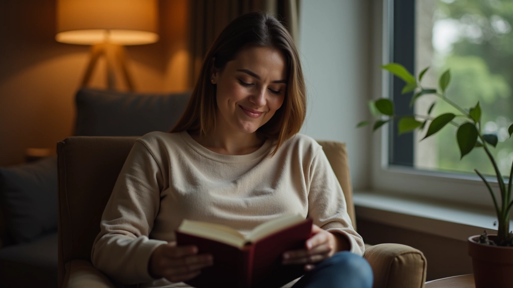 Person reading book indoors, peaceful quiet moment without technology for mental rest