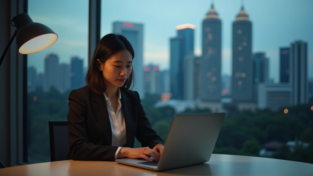 Professional woman at desk during evening hours, working on laptop with office building view